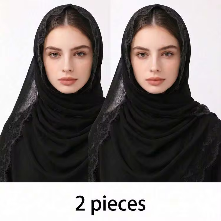 1pc Solid Color Chiffon Women's Headscarf, Fashionable New Lace Eyelash Trim Decorated Headscarf - Black 2-pack - View 2