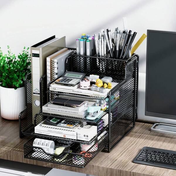 1 paquete de organizador de escritorio de malla para archivos, bandeja de papel de 4 niveles, estante de almacenamiento de escritorio de metal con cajón deslizante, clasificador de documentos multiusos para bolígrafos, cuadernos y clasificación de papel, perfecto para uso en la oficina, el hogar y la escuela.