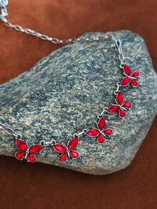 1pc American Western Colorful Gemstone Butterfly Necklace, Distressed Silver Rectangular Chain, Vintage Style Girl Collarbone Necklace - Necklace - View 2