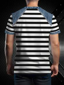 Distressed Ripped Striped Short Sleeve T-Shirt, All-Over Black And White Classic Horizontal Stripe Print, Shoulder And Cuff Faux Washed Denim Patchwork Design, Multiple Ripped And Frayed Details For Vintage Look, Slim Fit Round Neck Elastic Skin-Friendly, Versatile Casual Men's Wear - White - View 2