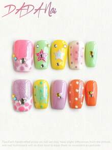 10pcs Medium Almond Press On Nails, Dopamine Rainbow Pastel Fake Nails, Glitter Ombre Polka Dot 3D Star Multi Color Rhinestone Glossy Acrylic Set For Summer, 4th Of July, Wedding, Graduation, Prom & Daily Outfits - Multicolor - View 3