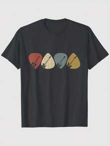 Camiseta con Estampado Musical Retro para Hombre y Mujer - Camiseta de Manga Corta Suave y Transpirable con Iconos de Guitarra, Púa, Batería, Piano y Teclado - Camiseta Casual de Cuello Redo - Negro - Ver 1
