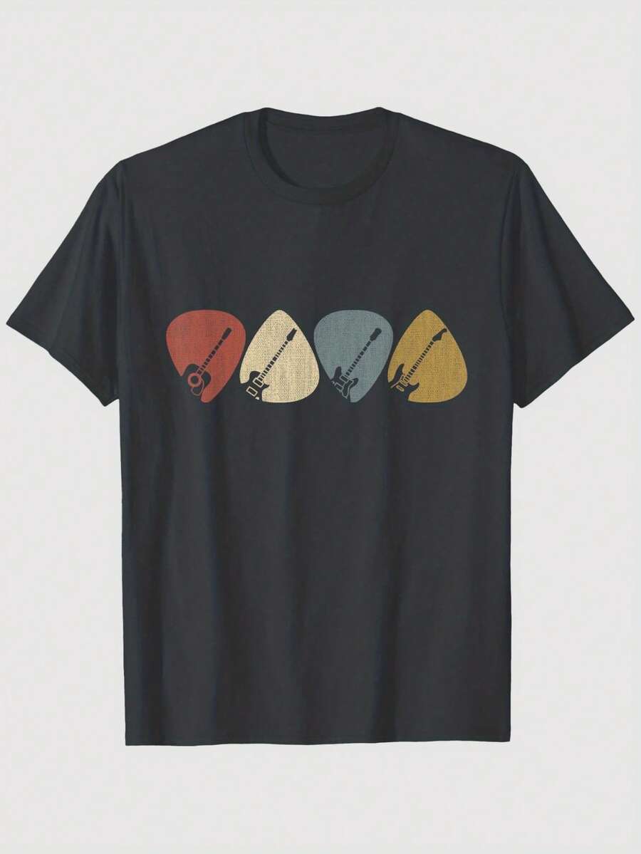 Camiseta con Estampado Musical Retro para Hombre y Mujer - Camiseta de Manga Corta Suave y Transpirable con Iconos de Guitarra, Púa, Batería, Piano y Teclado - Camiseta Casual de Cuello Redo - Negro - Ver 1