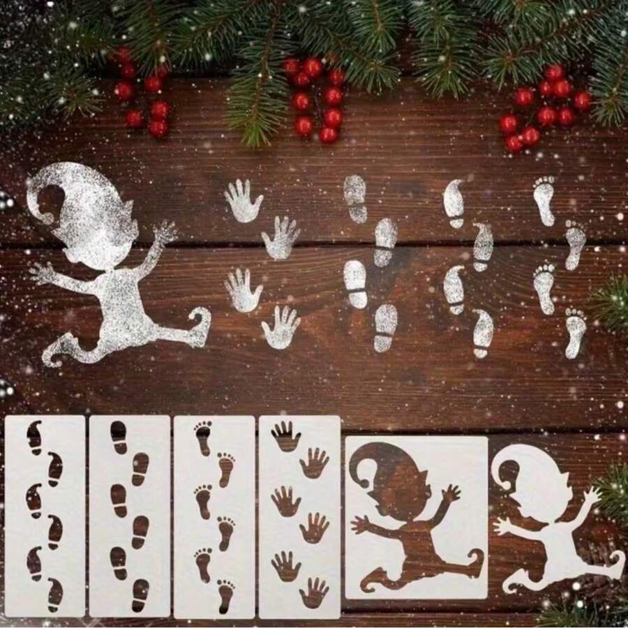 3/6/12pcs Christmas Elf Pattern Stencil Set, Includes Footprint And Handprint Patterns, Plastic Drawing Stencils, Christmas Footprint Pattern Stencils, Elf Handmade Craft Stencils, Elf DIY Pattern Stencils, Reusable PET Stencils, Suitable For Drawing Window Sill Elf/Footprint Pattern Christmas Decorations - A - View 1