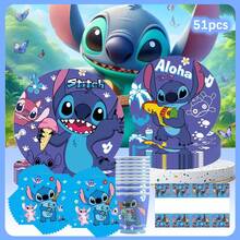 Hasbro Lilo & Stitch 藍色史迪奇生日派對用品 51件套完整套裝，一次性紙盤、杯子、餐巾紙、桌布，Aloha 熱帶外星人桌面與天花板裝飾 - 彩色 - 查看 6