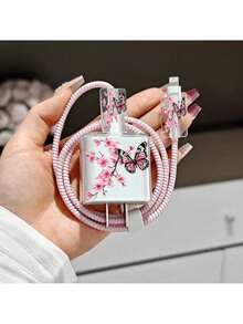 5pcs/Set Charger Cable Protector For IPhone17/16/15/14/13/12/11 Pro Max Charger Protective Shell - Pink White Cherry Blossom Branch/Pink Black Butterfly Pattern - Elegant Chinese Country Style, Compatible With Apple 20W Fast Charger And 18W Data Cable Protector, Anti-Break/Anti-Tangle/Anti-Damage, Gift For Friends - Cherry Blossoms and Butterflies - View 6