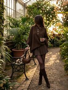 EAVA French Vintage Autumn Brown Poncho Sweater: Casual Asymmetric Pullover Loose Knit Cape Top - Brown - View 6