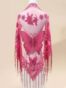 Butterfly Ruined Flower Triangular Scarf Tassel Lace Small Shawl Spring Summer Autumn Winter All-Season Versatile Small Cape Semi-Transparent Printed - Multicolor - View 2