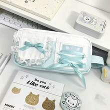 日式波點蕾絲多隔層鉛筆袋，蕾絲飾邊交叉蝴蝶結學生筆袋 - 多色 - 查看 2