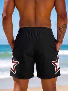 Men's Printed Beach Shorts, Summer Drawstring Elastic Waist Casual Shorts With Pockets, Lightweight And Comfortable Sports - Black and White - View 3