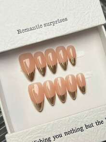 10pcs Handmade Nails Almond Nails Acrylic Press On Nails Short Medium Pink Nails, Gold Aurora Powder French Tip Nails, Summer Nails, DIY False Nail Art Party Daily Dating Beach Vacation Outfits Women Girls Gift Nail Supplies - Multicolor - View 3