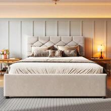 Upholstered Bed, 140x200cm, With Slatted Frame (Without Mattress), With Pull-Out Bed, Velvet, Minimalist, Beige - Beige - View 1