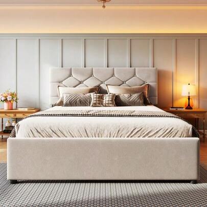 Upholstered Bed, 140x200cm, With Slatted Frame (Without Mattress), With Pull-Out Bed, Velvet, Minimalist, Beige