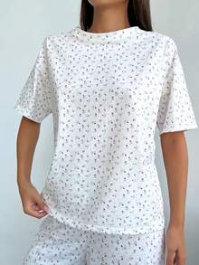 2pcs Women's Spring/Summer Pastoral Style Fresh Ditsy Floral Loungewear Set, Round Neck Top And Wide Leg Pants, Suitable For Daily Wear - White - View 3