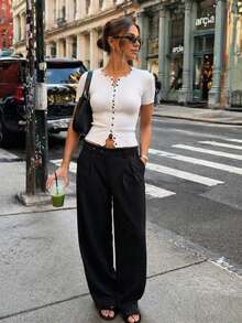 2026 Women's Wavy Single-Breasted Niche Design Minimalist Round Neck Short Sleeve Knit Top - White - View 6