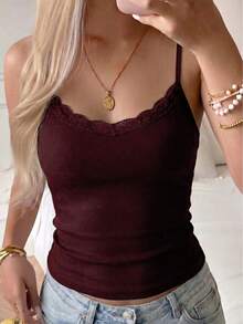 NOIRLYN Women's Tank Top Spring/Summer Y2K Sexy Slim Fit Lace Patchwork Camisole - Brick Red - View 5