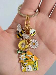 1pc Zinc Alloy Drip Oil Bee, Sunflower, Honey & House Pendant Keychain, Decoration For Backpack, Wallet, Gift For Friends And Family - Multicolor - View 1