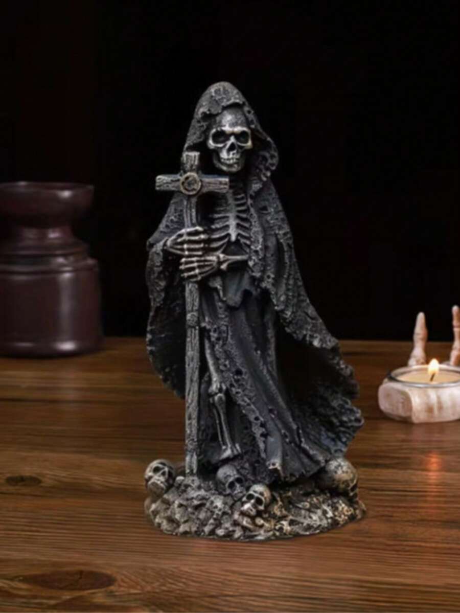 1件復古惡魔骷髏與十字架萬聖節裝飾品,恐怖樹脂工藝,宗教主題桌面擺飾 - 1PC - 查看 1