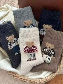 5 Pairs Vintage Polka Dot Short Socks With Cute Bear Pattern, Suitable For Warmth In Autumn And Winter. 1/3/5 Pairs - Set a - View 1