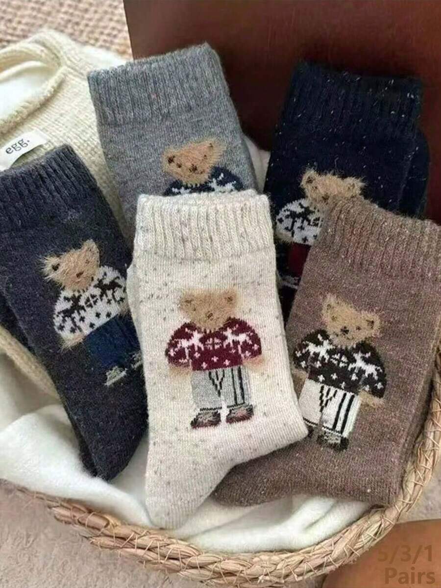 5 Pairs Vintage Polka Dot Short Socks With Cute Bear Pattern, Suitable For Warmth In Autumn And Winter. 1/3/5 Pairs - Set a - View 1