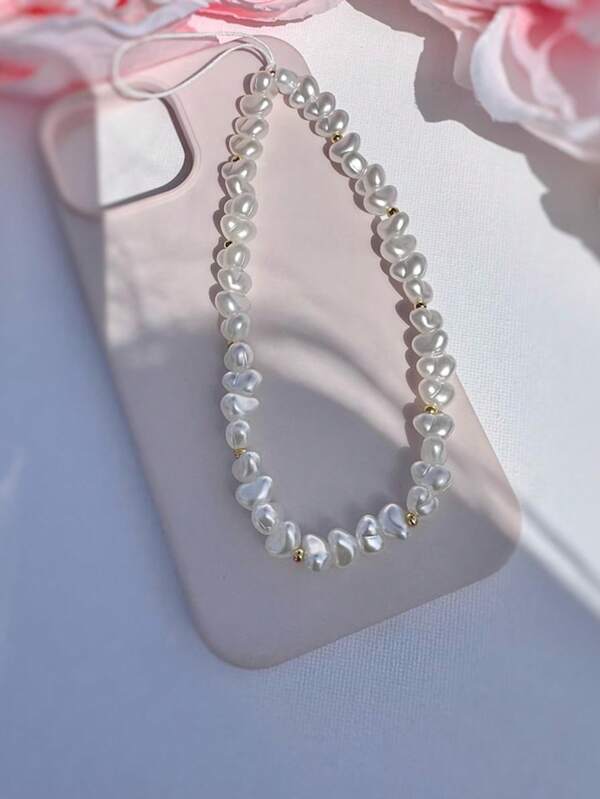 1pc Soft Cream White Asymmetrical Heart Pearl, Paired With Fine Glitter Gold Spacer Beads, Soft Lines With Delicate Pearlescent Luster, French Gentle Atmosphere