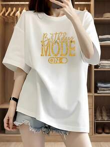 Fashionable Short-Sleeved T-Shirt, Pink Letter-Printed Casual Women's 100% Cotton Top, Women's Clothing - White - View 1