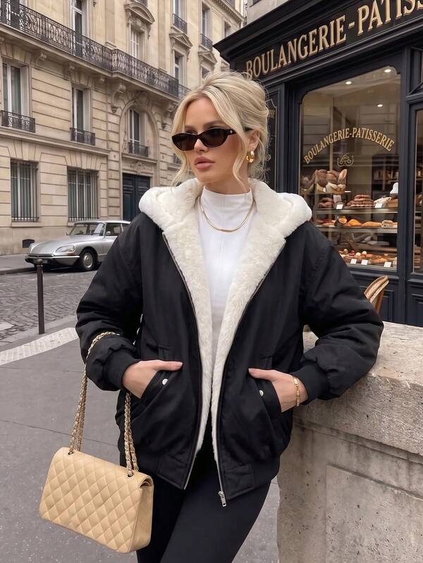 Áo khoác parka trùm đầu cỡ lớn dành cho nữ có cổ lông nhân tạo, dáng ôm, hai túi, có thể đảo ngược, trang phục thường ngày dạo phố, áo khoác ngắn cho mùa thu/đông