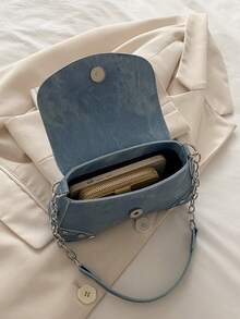 Fashion Solid Color Baguette Shoulder Bag, Metal Hardware Decoration, Metal Chain Strap, Suitable For Women Shopping, Dating, Gift And Daily Use - Blue - View 6