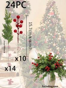 24pcs Christmas Artificial Pine Branches With Red Berry Stems, Faux Norfolk Pine Foliage Stems, DIY Wreath Home Decor, Artificial Winter Berry Plants, Suitable For Vases, Dining Tables, Holidays, Patios, Fireplaces, Weddings, Gardens, Farmhouse Style Room Decoration - Multicolor - View 14