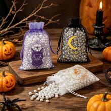 36 Halloween Gift Bags - Made Of Organza Material With Drawstring Design; Patterns Include Vintage Gothic Skulls & Roses, Mysterious Black Cats And Starry Bats; Perfect For "Trick Or Treat" Events, Party Favors, Jewelry & Crystal Packaging And Storage - Multicolor - View 3