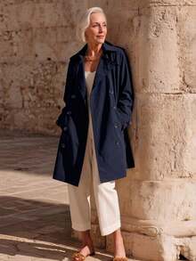 Women's Mid-Length Trench Coat With Pockets, Spring/Autumn Commuter Style - Blue - View 1