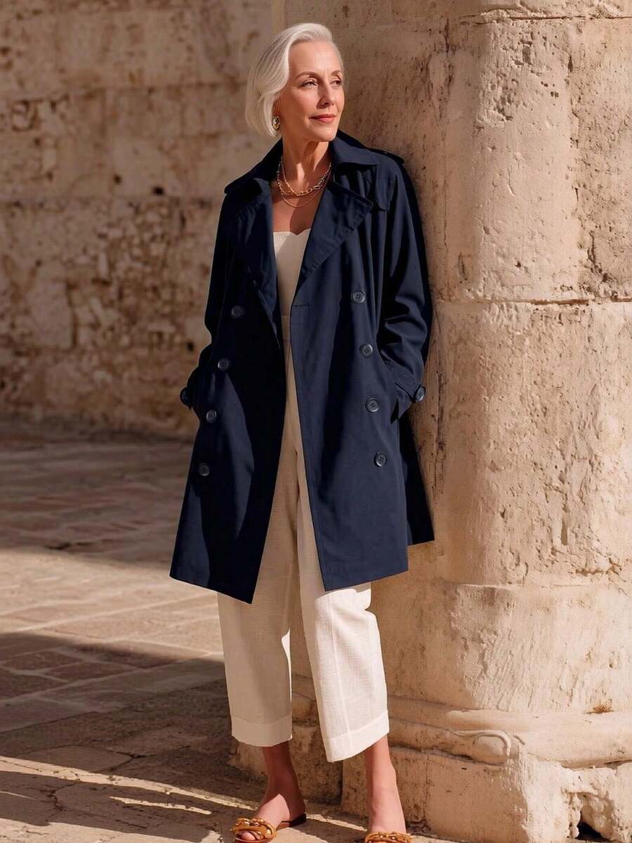 Women's Mid-Length Trench Coat With Pockets, Spring/Autumn Commuter Style - Blue - View 1