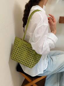 Retro Versatile Simple Solid Color Tote Bag, Niche Design Personalized Hollow Shoulder Bag, Equipped With Small Bags In The Same Color Series, - Green - View 5