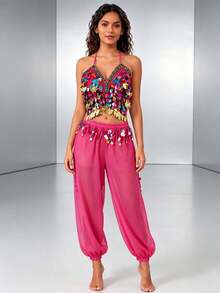 Professional Belly Dance Beaded Coin Fringe Halter Crop Top, Elastic Waist Dot Mesh Harem Pants For Dance Training, Cabaret Shows And Competitions - Multicolor - View 7