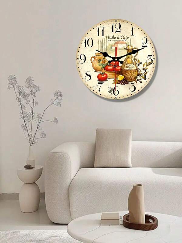 This Vintage-Style Wooden Decorative Wall Clock, Adorned With A Provençal Olive Oil And Tomato Motif, Is A Silent Quartz Clock And An Ideal Home Decor For The Living Room, Kitchen, Bedroom, Office, Or Outdoor Garden Parties. It Also Makes A Great Gif