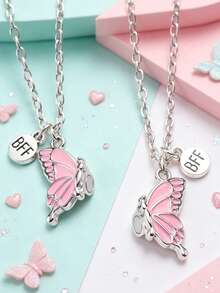 Back To School 2pcs Butterfly Magnetic Pendant Necklace For Girls, Cute Cartoon Colorful Butterfly BFF Necklace, Adjustable Geometric Jewelry Gift, Couple Necklace Accessories - one-size - View 9