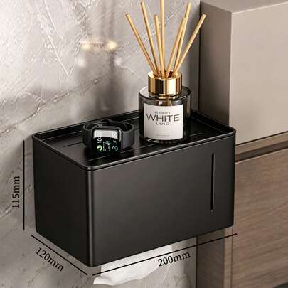 1pc Multi-Functional Carbon Steel Fashion Tissue Box, Minimalist No-Drill Wall-Mounted Storage Rack With Shelf, Easy Installation Rust-Proof, 3 Colors Available, Perfect For Small Bathroom And Kitchen Storage, Enhances Home Decor Style