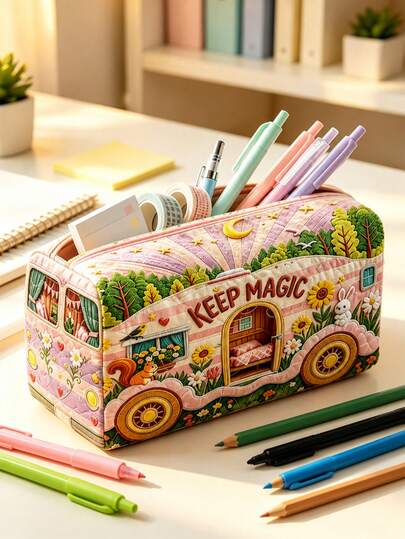 Nuevo estuche de lápices con estampado de carrito y autobús floral 2D impreso y acolchado con efecto visual de bordado (sin bordar), bolsa de almacenamiento de papelería con cremallera, estuche de lápices premium para la vuelta al cole, bolsa de almacenamiento de cosméticos portátil para estudiantes/bolsa de aseo de viaje, esencial de campus, puede almacenar bolígrafos, papelería, llaves, teléfono, lápiz labial, joyas y otros artículos pequeños, regalo ideal para amigos, maestros, colegas, satisface las necesidades de almacenamiento de papelería, organización diaria, viajes de una noche, vacaciones y almacenamiento de gimnasio, esencial de dormitorio para la vuelta al cole