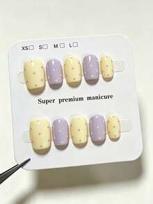 10pcs Pure Handmade Short Square Press On Nails, Y2k Sweet Pastel Style,Purple And Yellow Base, Polka Dot & Hand-Painted Daisy Flower Patterns For Women And Girl,Spring Summer Fall Winter Festivals Party And Daily Life Use - Purple - View 10