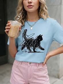 Camiseta Moderna Feminina Unissex Estampada Gato Rabiscado Tecido Premium Manga Curta Camisa Gola Redonda 100 % Algodão - Azul bebê - Visão 2