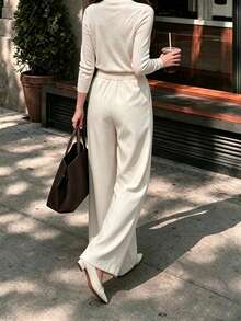 Women's Polyester Wide Leg Pants, Non-Stretch, Suitable For Autumn Bottoms - Apricot - View 2