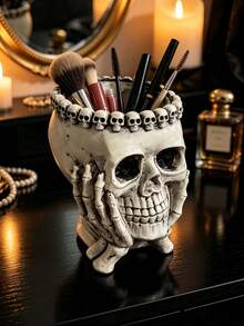 1pc Gothic Skull Makeup Brush Holder Resin Skeleton Cosmetic Storage Rack Dark Romantic Vanity Organizer Witchy Bedroom Halloween Home Decor Unique Gothic Style Gift For Women - C - View 4
