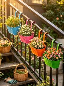 6pcs/1pc Squishy Oval‑Shaped Double‑Hook Flower Pots, Solid‑Color Durable Metal, Casual All‑Season Style For Adult Garden Lovers, Hanging For Balcony Rail And Yard Fence, Detachable Planter Holders, Space‑Saving Outdoor Gardening Containers - Multiple Styles - View 3
