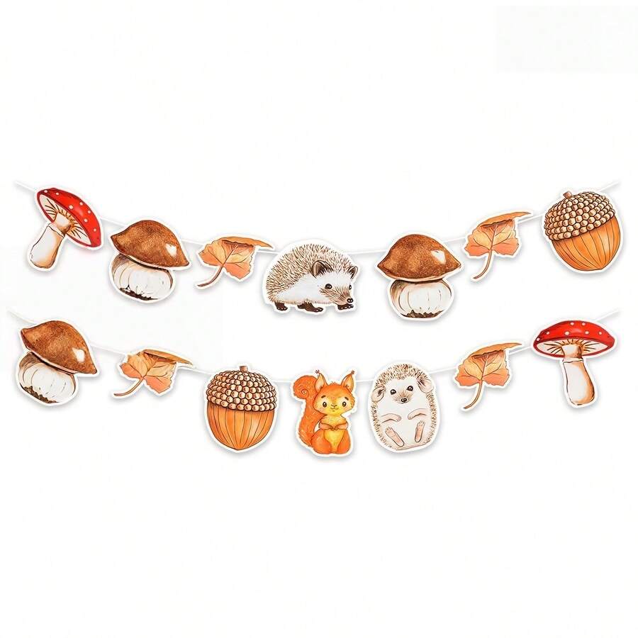 1 Set Party Banner - Autumn Woodland Animal Garland Banner, Featuring Watercolor Hedgehog, Squirrel, Mushroom, Acorn, Maple Leaf Flags, Suitable For Autumn Thanksgiving Party, Baby Shower Theme And Home Wall Hanging Decoration - A - View 1