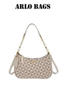 Off White Triangular Pattern Hobo Bag, Contrast Light Trim, Convertible Chain Shoulder & Cross Strap Lightweight Handbag For Shopping Office Occasion - White - View 6