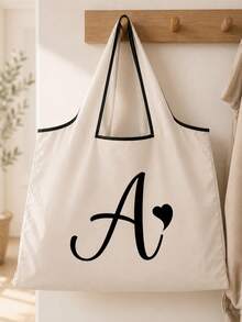 Sac cabas blanc à la mode avec initiale artistique A-Z noire, design avec bordure noire, matériau en taffetas enduit de polyester, sac de courses pliable et portable, sac cabas grande capacité pour femmes avec design facile à plier, convient pour un usage quotidien, les voyages, les vacances, l'école, la rentrée scolaire, le travail et les courses, chariot multifonctionnel, poignée robuste, cadeau pour la fête des enseignants, saison de la rentrée scolaire, fête de l'indépendance, voyage de vacances - Multicolore - Voir 9