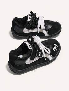 Bow Embroidery Kids' Sports Shoes, Colorblock Dual Laces & Hook And Loop Casual Training Sneakers - Black - View 5