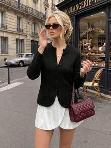 Cárdigan elegante de corte holgado para ir al trabajo, nuevo para otoño/invierno, chaqueta suéter de punto de lana de oveja vintage con abertura frontal para mujer, negro, otoño - Negro - Ver 5