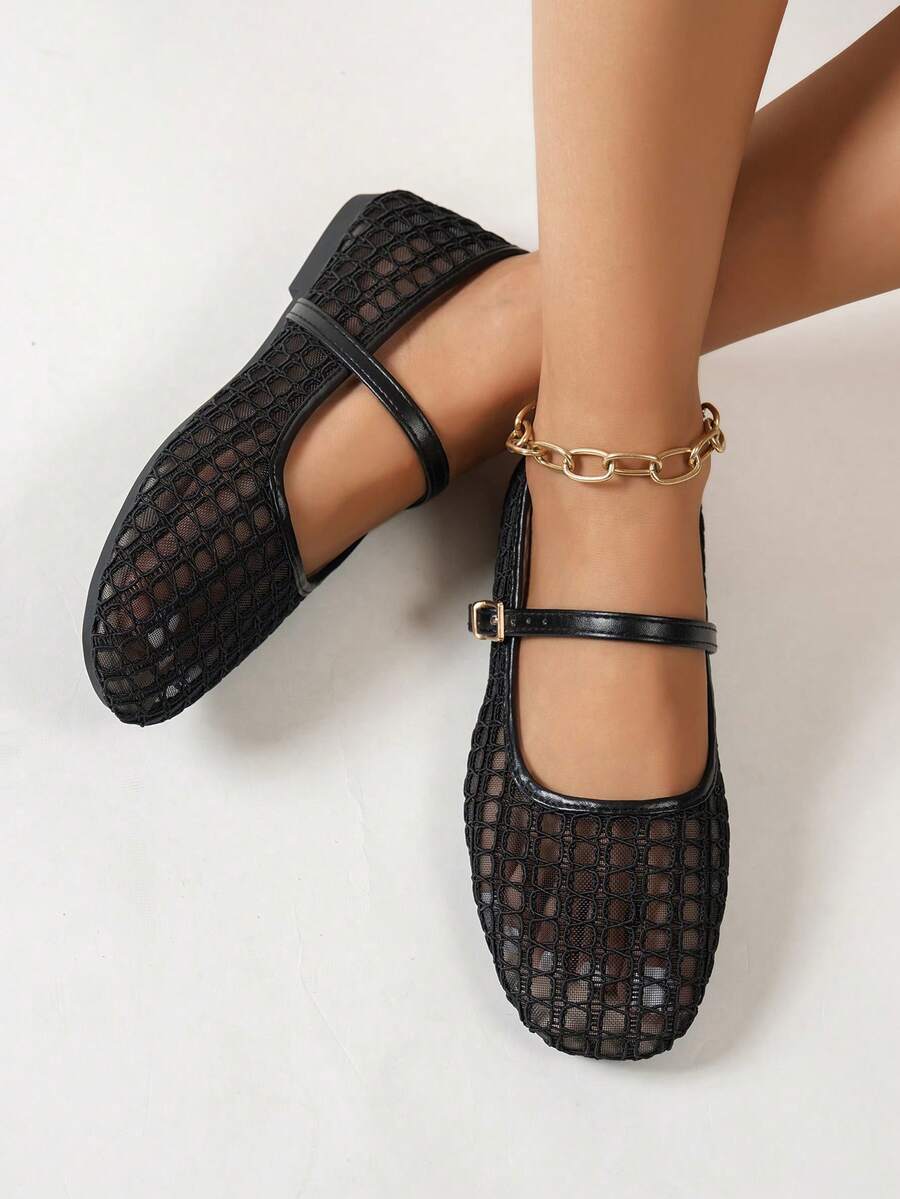Summer New Ballet Style Flat Shoes For Women, Mesh Strap Design, Suitable For Daily Wear And Commuting - Graphite Black - View 1