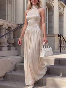 Elegant Women's Satin Spaghetti Strap Pleated Long Formal Dress Party Wedding - Apricot - View 6